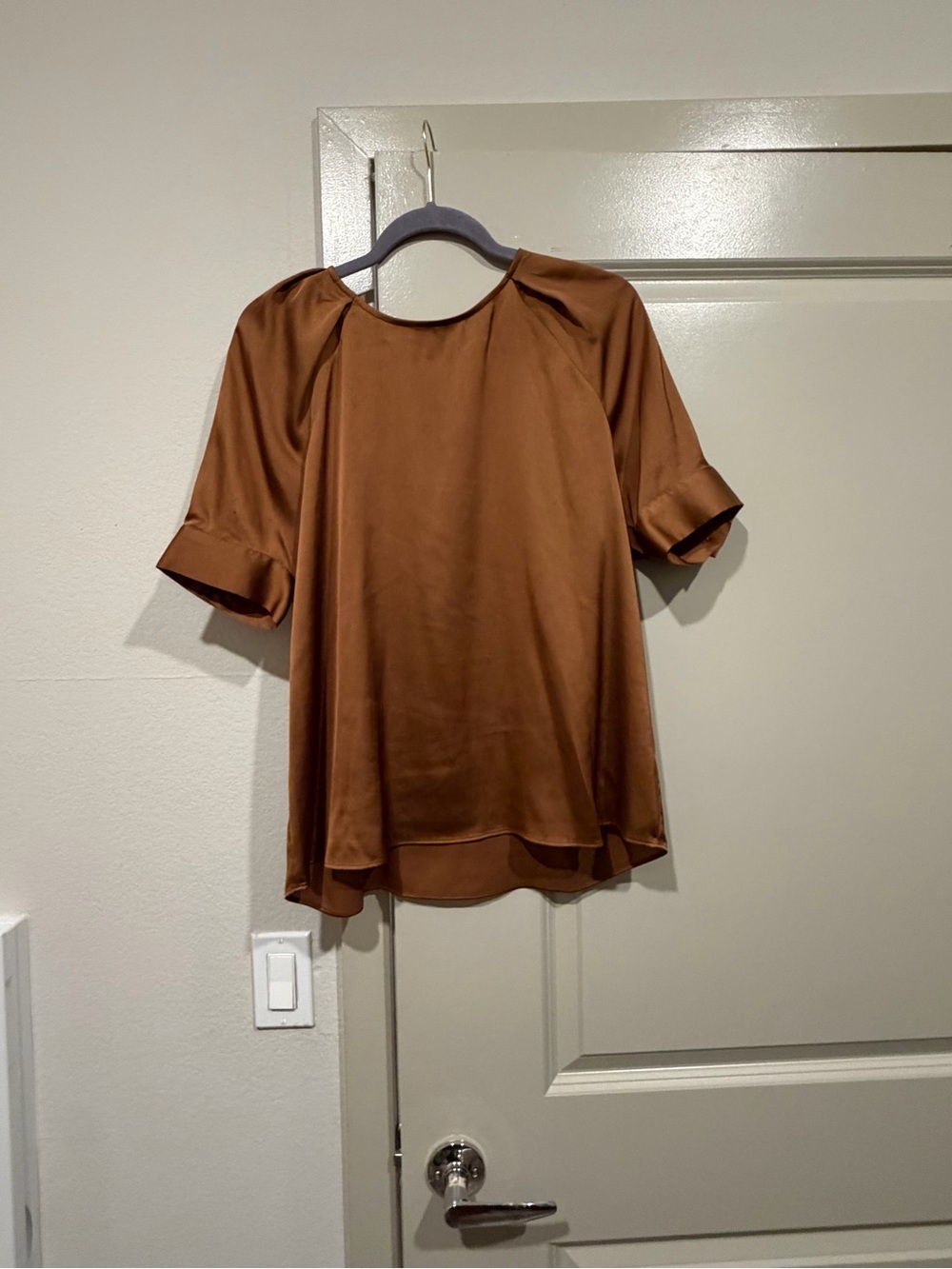 Worthington Satin Short Sleeve Blouse in Chestnut Brown